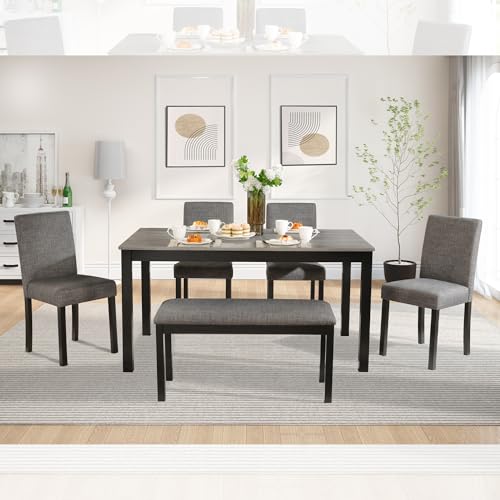 Image of KEIKI 6-Piece Standard Height Dining Table Set with Rectangular Table, 4 Upholstered Curved Backrset Chair, Bench, for 6 Person, Modern Table Set, Easy Assembly, for Kitchen, Dining Room, Black+Gray