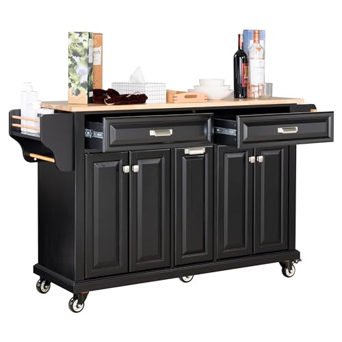 Mobile-Kitchen-Island-with-Storage-Cabinet-and-Drawers-Rolling-Kitchen-Island-Cart-on-Wheels-with-Rubberwood-Countertop-for-Kitchen-L605-x-W1813-x-H3675IN-Black Mobile Kitchen Island with Storage Cabinet and Drawers Rolling Kitchen Island Cart on Wheels with Rubberwood Countertop for Kitchen L605 x W1813 x H3675IN Black