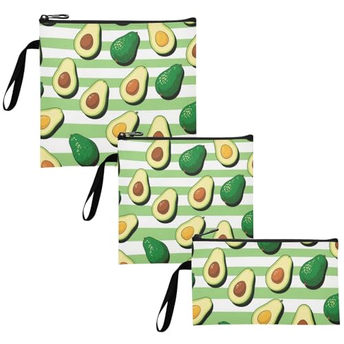 Green White Striped Avocado Fruit 3 Piecing Reusable kids snack bags Multi-Use Food bags for Travel Items, Home Organization