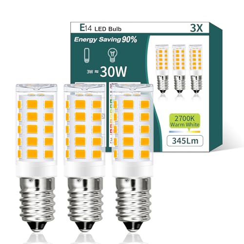 AmmToo E14 LED Warmweiss Birne, 3W 345LM 2700K LED Lampe, Glühbirne E14 ersetzt 30W Halogenlampen, Kein Flackern Kühlschranklampe Nicht Dimmbar, Led Mais Birne für Dunstabzugshaube Wandlampen
