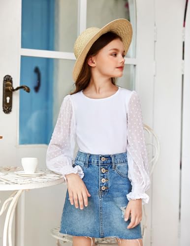 Image of Arshiner Girls Long Sleeve Shirt with Ruffle Cuffs Polka Swiss Dots Kids Girls Pullover Shirts Cute Crewneck Girls Top