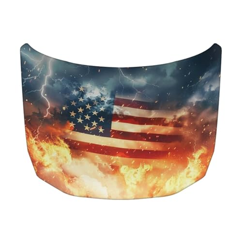 Image of Car Hood Cover Car Hood Protector Auto Banner All Weather Universal Auto Decorative Accessories for Compact Sedans SUV Trucks Minivan (US Flag Flames and Lightning Design)