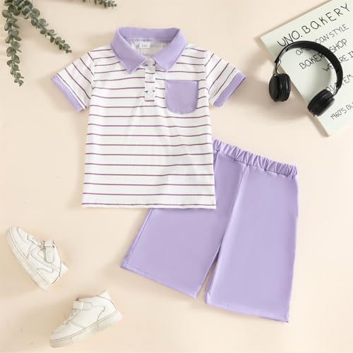 Image of Toddler Kid Boy Clothes Textured Striped Polo Collar Top Summer Shorts 2PC Summer Outfit Set