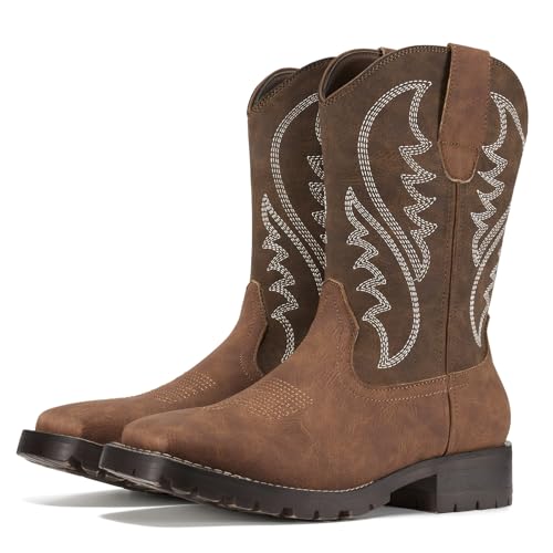 Image of Rollda Cowboy Boots for Men Western Boots Men's Square Toe Chunky Heel Mid-Calf Boots Classic Embroidered Pull On Boots