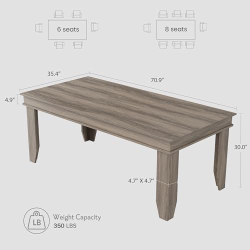 Image of GarveeHome Farmhouse Dining Table for 6-8 People, 71 in Long Kitchen Tables with Wooden Sturdy Frame, 6 ft Large Rectangular Dinner Table for Dining Room, Kitchen, Grey Walnut, 71 inch Non-extendable