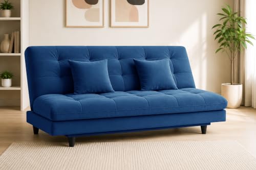 Image of Los Angeles Modern Convertible Futon Sofa Bed, Tufted Upholstered Folding Couch with Adjustable Backrest, Space Saving Sleeper Sofa for Living Room, Apartment, Office, Dorm & Guest Room - Blue