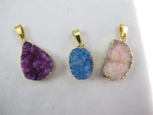 Agate Pendant Natural Druzy Agate With Gold Bezel One Hooks Set Of 3 Mixed Shape Mixed Color #TOP6