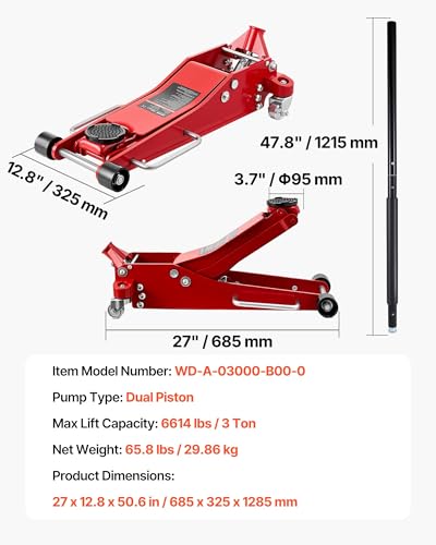 Image of VEVOR Low Profile Floor Jack 3 Ton Aluminum and Steel Racing Floor Jack with Dual Pistons Quick Lift Pump, Hydraulic Trolley Car Lift for Sports Car, SUV, Pickup, Lifting Range 3.3 inch-20.3 inch