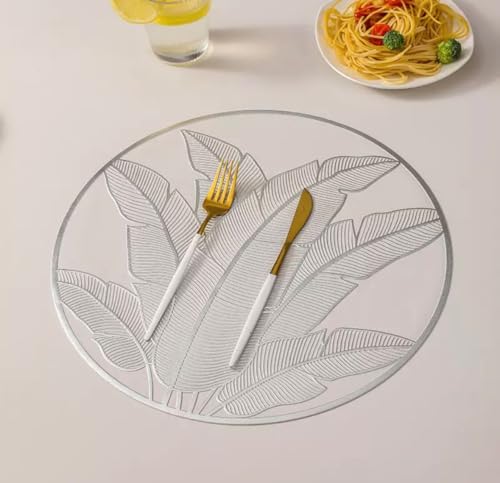 Image of HomeCloud PVC Material Round Shape Table Mat, Dining Table Mat,Table Placemats, Round Mats,Best for Bed-Side Table /Center Table, Dining Table /Shelves (Leaf Let Silver, Set of 6)