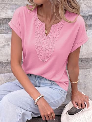 PRETTYGARDEN Summer Cute V Neck Going Out Tops Casual Loose Fit Rolled Short Sleeve Shirts for Women Trendy Fashion Clothes (Pink, XX-Large) — view 4