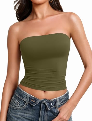 Avidlove Tube Tops for Women Going Out Tops Double Lined Sexy Crop Bandeau Strapless Basic Tank Top Slim Fit Y2K Cute Summer Trendy Outfits Olive Green M