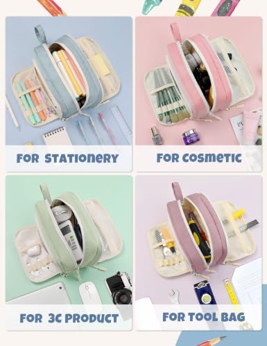 Image of SUNEE Large Pencil Case, Big Capacity Pen Pouch with 3 Compartments, Kawaii Cute Pencil Bag with Zipper, High Storage Stationery Holder and Organizer, School Supplies for Teen and Adult Girls, Blue