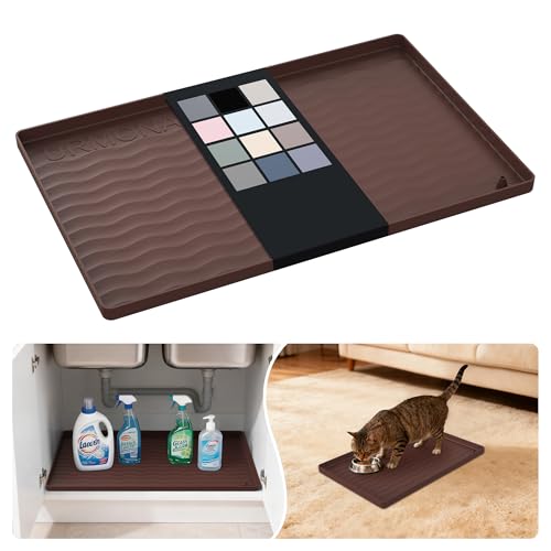 Image of URMONA Waterproof Silicone Under Sink Mat 19'' x 12'' Shelf Liner for Kitchen and Bathroom, Cabinet and Counter Protector, Storage and Organizers, Litter Mat, Pet Cat Puppy Essentials(Brown)