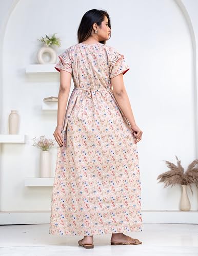 Image of Pure Cotton Designer Nighty for Women | Night Gown | Nightdress | Maxi Nighty | Sleepwear | Jaipuri Nighty | Nighties | Cotton Night Gown for Women /Girls with Belt Pink