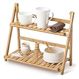 Yalikop Matcha Station Shelf,15.7'' Coffee Station Organizer, 2 Tiers Bamboo Mug Holder Countertop,Desktop Flower Pot Rack for Home Living Room Window Sill Foldable Display Storage Shelf(Wood)