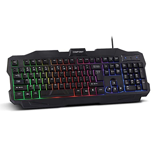 Compoint Gaming Keyboard RGB Illumination USB Wired for PC Gamers, PS4, PS5, Laptop, Xbox, MAC, Smart TV Quiet Computer backlight Keyboard, Wrist Rest, Dust Resistant Silent Mechanical UK Layout