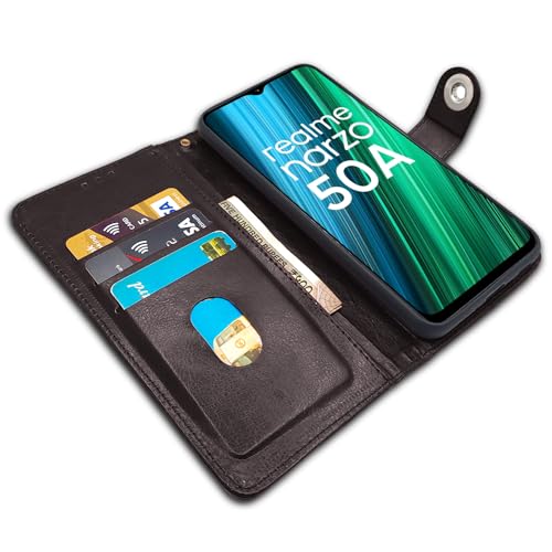 Image of Pikkme Realme Narzo 50A Flip Cover Leather Finish | Inside TPU with Card Pockets | Wallet Stand and Shock Proof | Complete Protection Button Flip Case (Coffee)