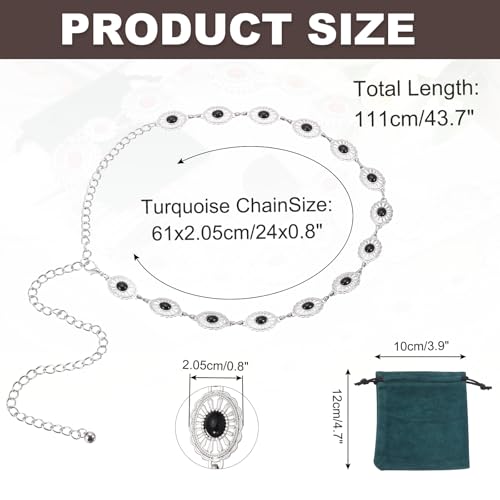 MECCANIXITY Turquoise Waist Chain Belts, 43.7 Inch Length Adjustable Body Chain Belts Metal Western Belt for Woman with Black Green Drawstring Bag for Outfits Jeans Dress, Black2