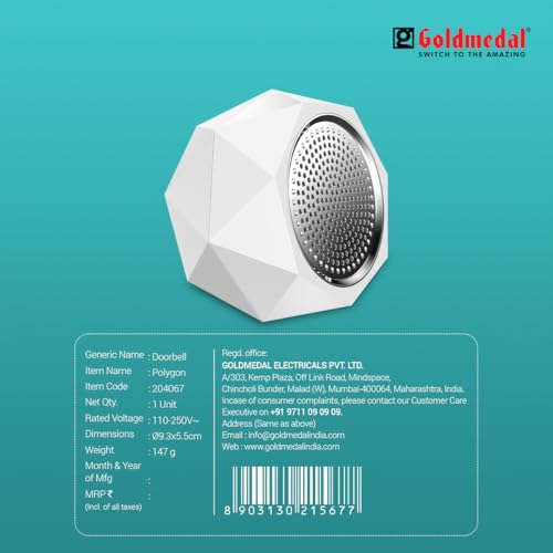Image of Goldmedal Polygon Door Bell | Wired Electronic Door Chime | Calling Bell For Home | Door Bell for Office, School | Single Tone Door Bell | Easy to Install | for Home, Office, School & Hotel Rooms| Single Tone Door Bell | Durable Build