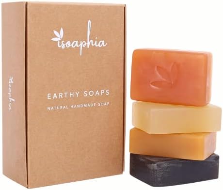 Isoaphia Earthy Natural Clay Bar Soaps, 4PCS [Eucalyptus, Lemon, Orange, Apple] Handmade Vegan Glycerin Facial Beauty Soap Bar With Brazilian Clay for Dry Skin, Hydrating Face & Body Bar Soap, 4.23 oz