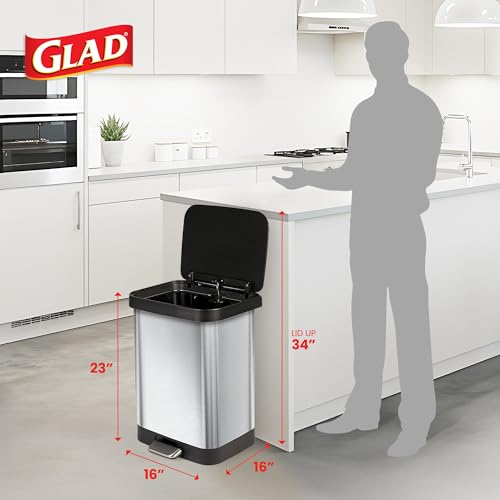 Image of Glad GLD-74506 Stainless Steel Step Trash Can with Clorox Odor Protection | Large Metal Kitchen Garbage Bin with Soft Close Lid, Foot Pedal and Waste Bag Roll Holder, 13 Gallon, Stainless