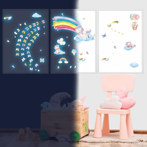 Glow in The Dark Large Rainbow and Unicorn Wall Decals,Glowing Luminous Star Butterfly Wall Stickers Colorful Removable self-Adhesive Rainbow Decals for Girls Bedroom Kids Baby Nursery Living Room