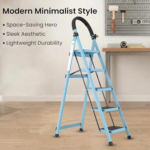 Image of Norman Jr Teal Blue5 Step Ladder for Home Use with Built-in Tool Tray | Heavy Duty D Shape Rods | Ultra Large Platform | Wide Rubber Feet | 150Kg Capacity Foldable Ladder - 7 Years Warranty