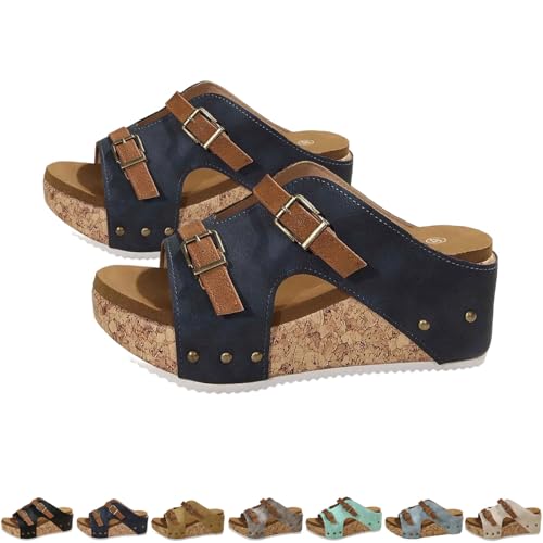 Women's Platform Wedge Sandals Faux Cork Footbed Sandals Comfortable Open Toe Casual Dressy Summer Beach Shoes 2026 New (Navy bl