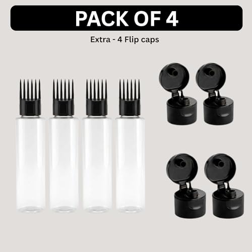 Image of Hian Empty Refillable Hair Oil Applicator Bottle with Comb Tip - Leakproof & Transparent Dispenser for Oil, Shampoo, Ideal for Scalp Massage, Root Care & Hair Nourishment(Black,Pack of 4)