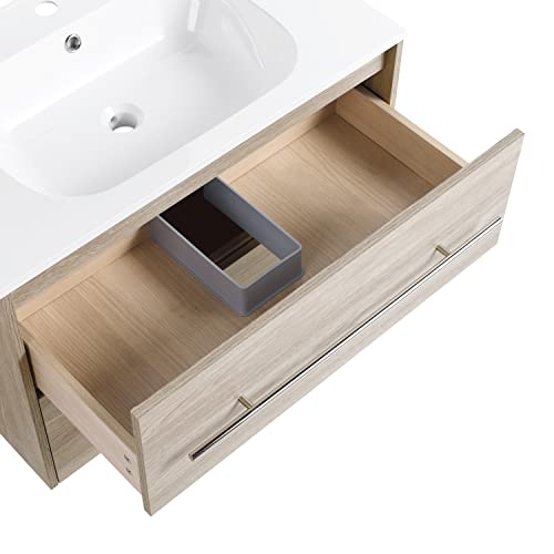 Ssline Wall Mounted Bathroom Vanity With Sink Modern 30" Floating Bathroom Vanity With Top Basin & Storage Drawers White Oak Wood Hanging Bath Cabinet W/Gel Sink And Silver Handle For Small Space #TOP7