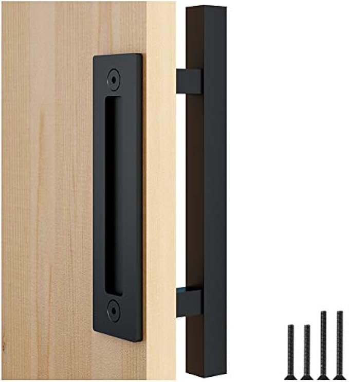 FaithLand 12" Barn Door Handle with Flush Finger Pull, Pull and Flush Door Handle Set in Black, Square - Fit Doors Up to 2 3/8''