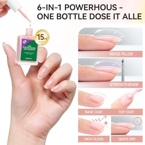 Image of Nail Strengthener and Growth for Damaged Nails: Nude Pink 15ml Protein Nail Hardener Extra Strong and Growth for Weak Nails - Gelike EC 6 in 1 Quick Dry Ridge Filler - Housewife Office Lady Home Care