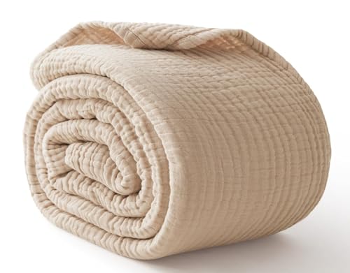 100% Cotton Blanket Large 50"x 70", 6 Layers Muslin Blankets, Cooling and Soft Throw Blanket for Bed and Couch, Breathable Quilt Bedspread, Gauze Bedding for Adults, Oatmeal, Beige Linen