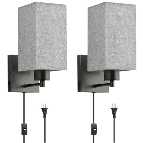 Image of KOONTING Plug in Wall Sconce Set of 2, Rustic Wall Lamp Wall Light Fixture | With Plug-in Cord and On /Off Toggle Switch, Grey Fabric Shade Wall Light for Headboard Bedroom Living Room (Square-Grey)