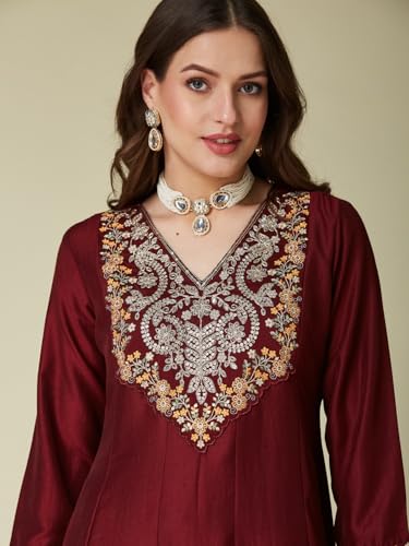 Image of MOKOSH Women's Silk Embroidered Anarkali Kurta Pant & Dupatta | Anarkali Kurta Set |Embroidered | V Neck 3 /4 Sleeve Ethnic Suit |3 Piece Outfit | Floral 3 Colour Options Available