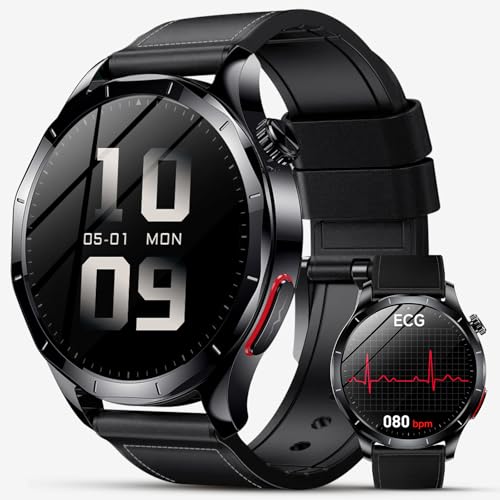 Lgnitek Smartwatch Herren mit EKG+HRV/Blutdruckmessung/BMI 1 43 Zoll AMOLED Gesundheitsuhr mit SOS-Notruf 24/7 Herzfrequenz/Schlafmonitor/SpO2 Android/iOS (Schwarzes Leder)