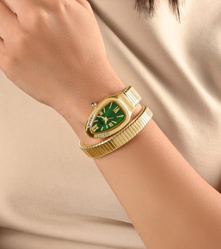 Image of French Connection Eternelle Curve | Green Dial with Rose Gold Case | Flexible Wrap Bracelet Strap | Crystal Accent Design | Roman Numerals Analog Watch for Women - FCN0142NGM