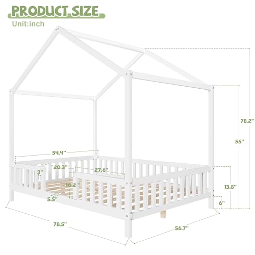 Image of Full Size Wood House-Shape Platform Bed with Roof Frame and Canopy, Montessori Floor Bed with High Railings and Slat Support for Kids Girls Boys, No Box Spring Needed (White-05, Full)