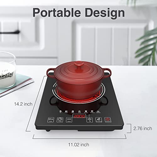 POTFYA Electric Cooktop 220V, 2000W Single Burner Electric Hot Plate with Plug 15A,8 Power Levels Electric Stove Top, Led Display, Kids Lock & Timer, Induction Cooktop for all Pans - Image 3