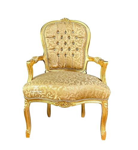 CasAmin Home & Living Sillón francés barroco dorado en tejido de satén tufteado, madera maciza tallada a mano, acabado brillante