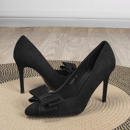 Pointed Closed Toe Bow Pumps for Women 4 Inch Sexy Faux Suede High Heels Women's Dress Slip On Stilettos Comfortable Wedding Daily Formal Shoes4