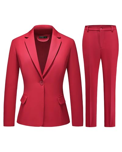 Womens Suit 2 Piece Set Business Pants Suit Classic One Button Blazer & Pants Set for Work Wedding Interview Red Medium