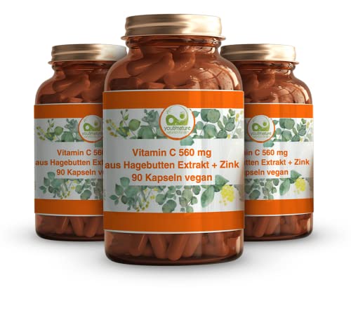 Vitamin C 1000 mg 90 Kapseln aus Hagebutten Extrakt + Zink vegan