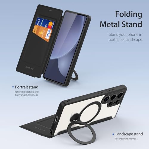 Image of DUX DUCIS for Samsung Galaxy S25 Ultra Case with MagSafe, 360Spin Magnetic Kickstand, Premium PU Leather Wallet Case Flip with RFID Blocking Clear Shockproof Phone Cases Cover (Black)