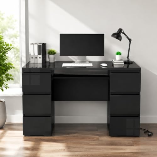 Image of LSBIKE White Desk with 6 Drawers High Gloss Computer Desk Table Dressing Table with Drawers Home Office Writing Study Standing Desk with Storage Drawer 120x50x70cm (Black)