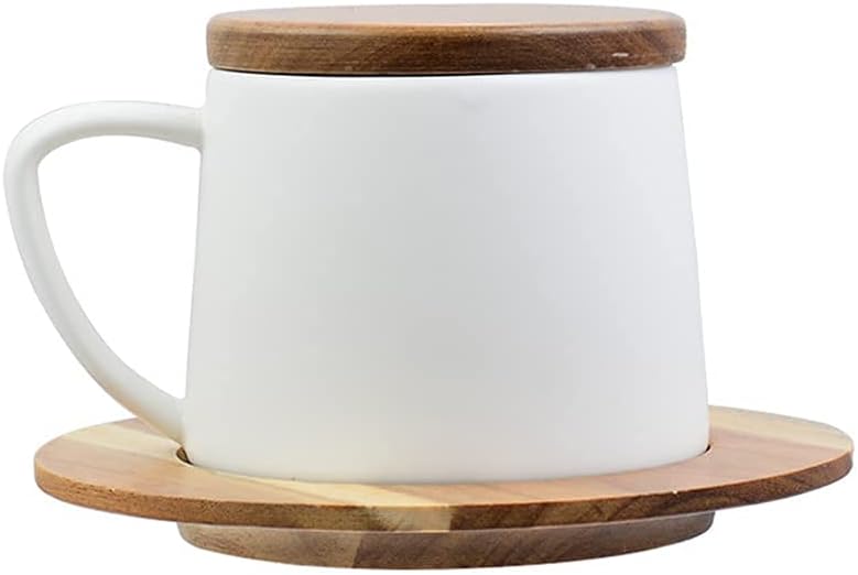 セラミックコーヒーカップ 木製の蓋とソーサー付きの大容量磁器ドリンクウェアマグ、オフィスティーミルクお湯用(ホワイト) [並行輸入品