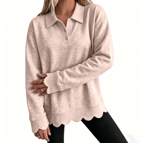 Scalloped Pullover Women Oversized 1/4 Button Henley Collar Fall Sweatshirt - image 4