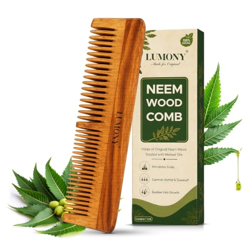 Image of LUMONY Neem Wooden Comb | Soaked In 17 Ayurvedic Herbs Neem & Sesame Oil For Multi-Actions - | Anti-Hair Fall, Dandruff | Frizz Control & Shine Suited For All Hair Types Men & Women (Dual Tooth)
