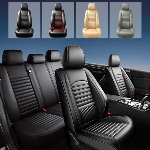 Image of Fit Sierra Car Seat Covers (5 Seats Full Set) Compatible with GMC Sierra 1500 /2500 /3500 2000-2026-Full Coverage Breathable Leather, Airbag Compatible, Waterproof & All-Weather,Black