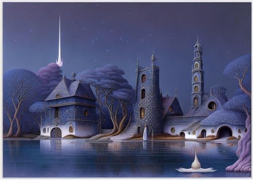 Toile 58 x 90 cm d'art nocturne lacustre haute définition
